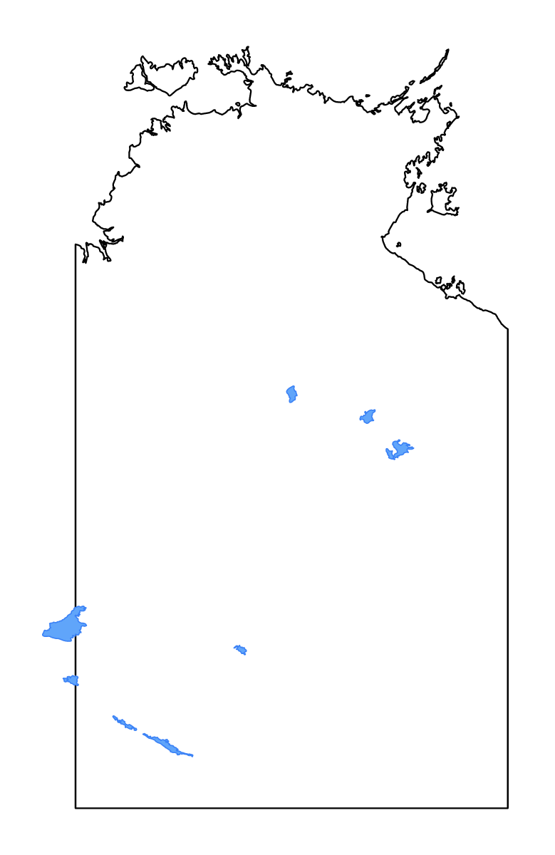 Mapa de contorno de Northern Territory, Australia con lagos y ríos.