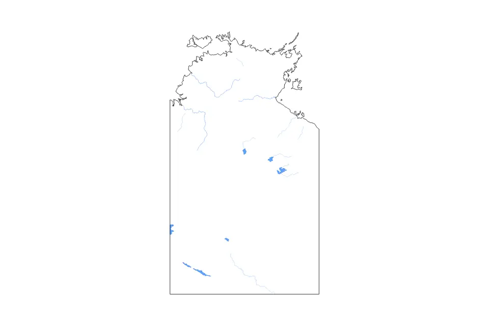 Outline map of Northern Territory, Australia with subdivision borders and major lakes and rivers.