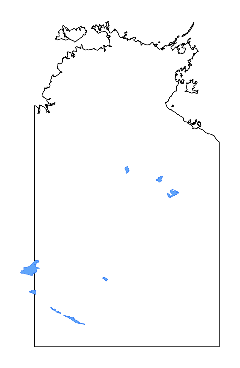 Mapa de contorno de Northern Territory, Australia con lagos y ríos.