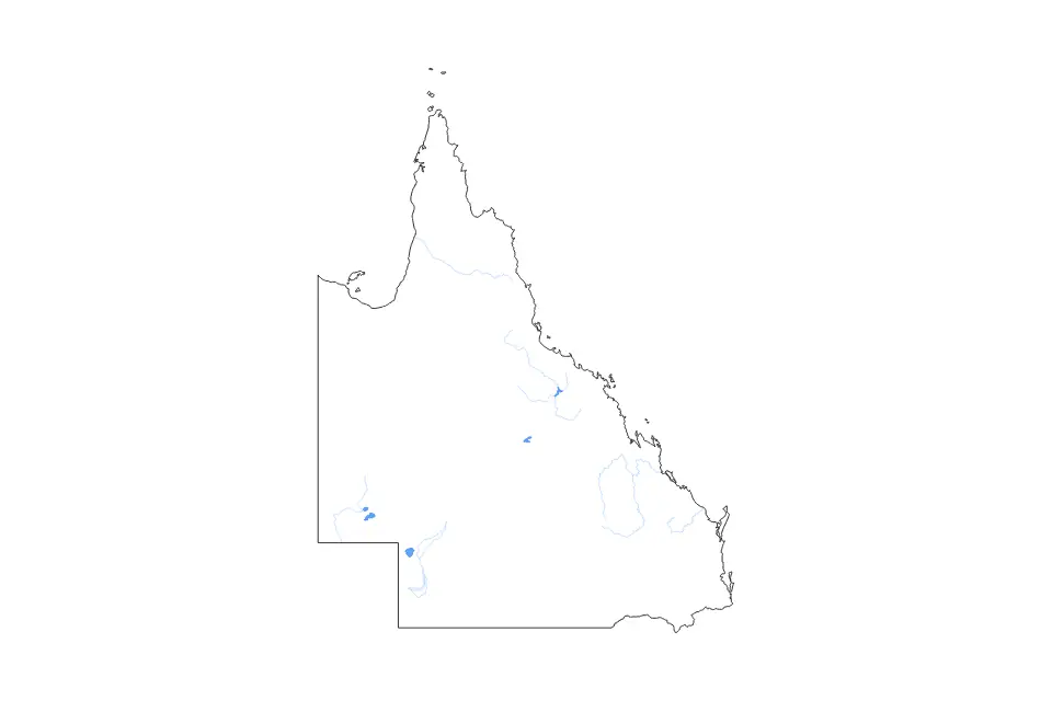 Outline map of Queensland, Australia with subdivision borders and major lakes and rivers.