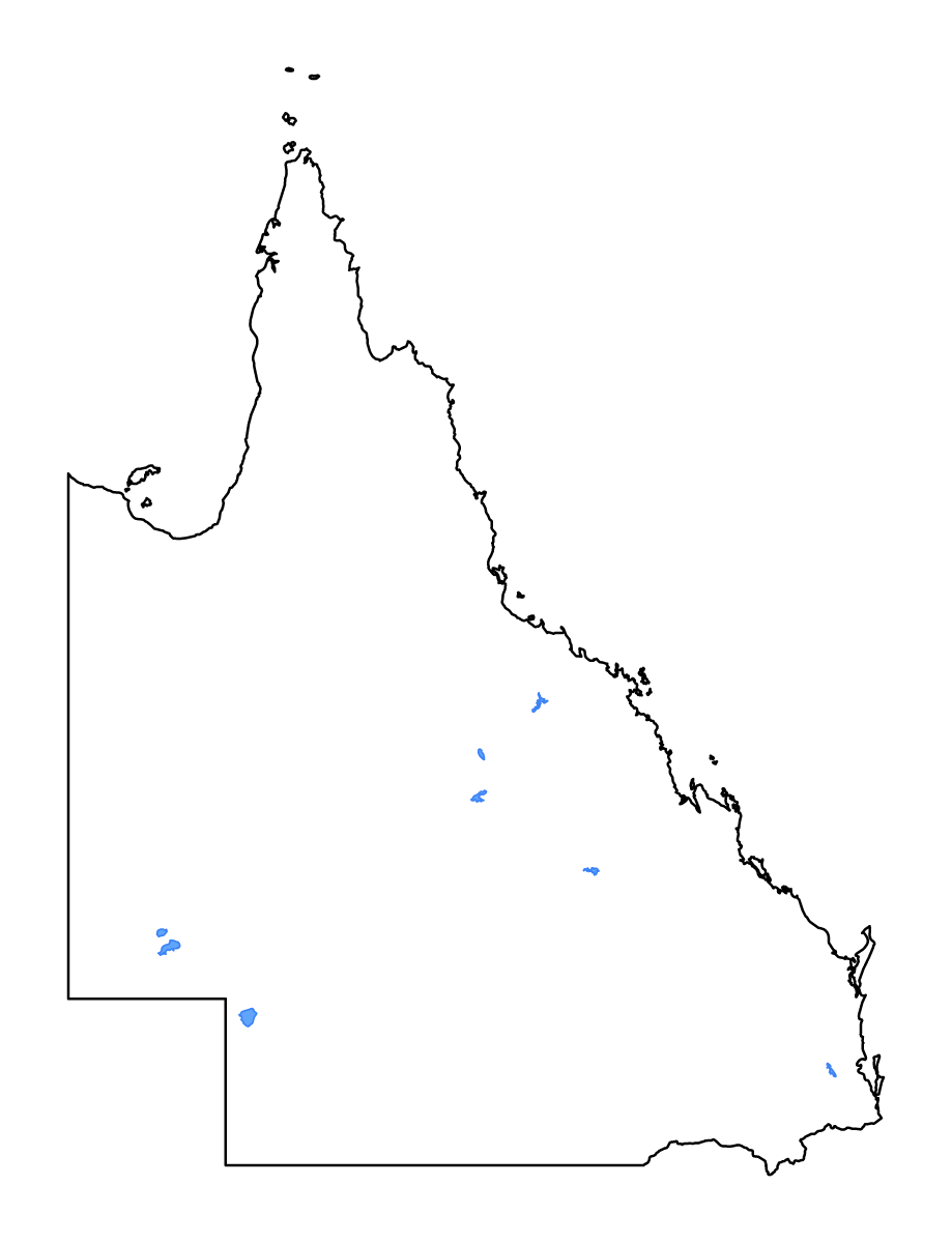 Mapa de contorno de Queensland, Australia con lagos y ríos.