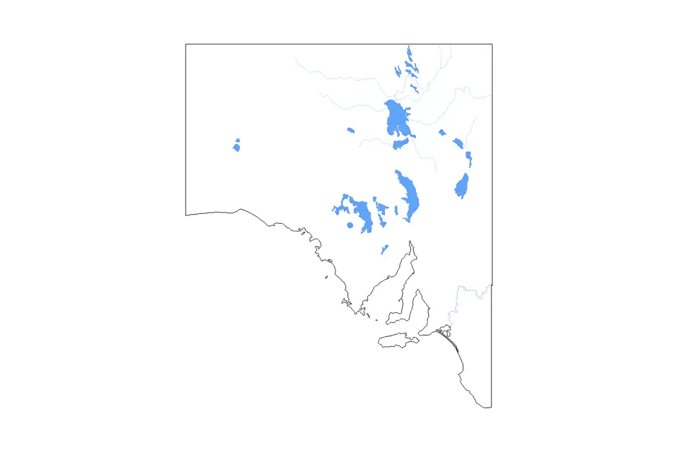 Outline map of South Australia, Australia with subdivision borders and major lakes and rivers.