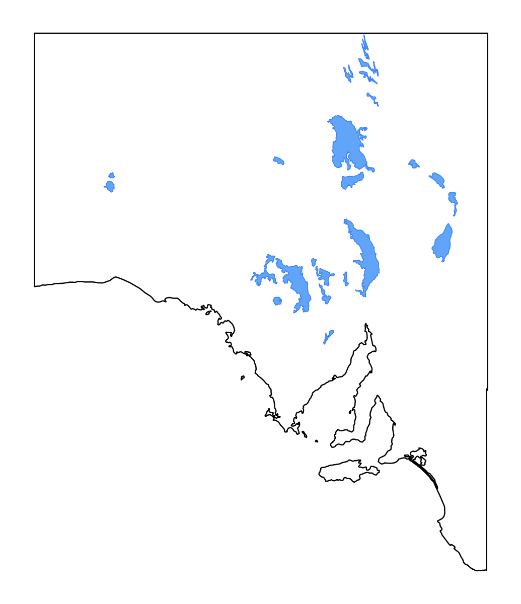Mapa de contorno de South Australia, Australia con lagos y ríos.