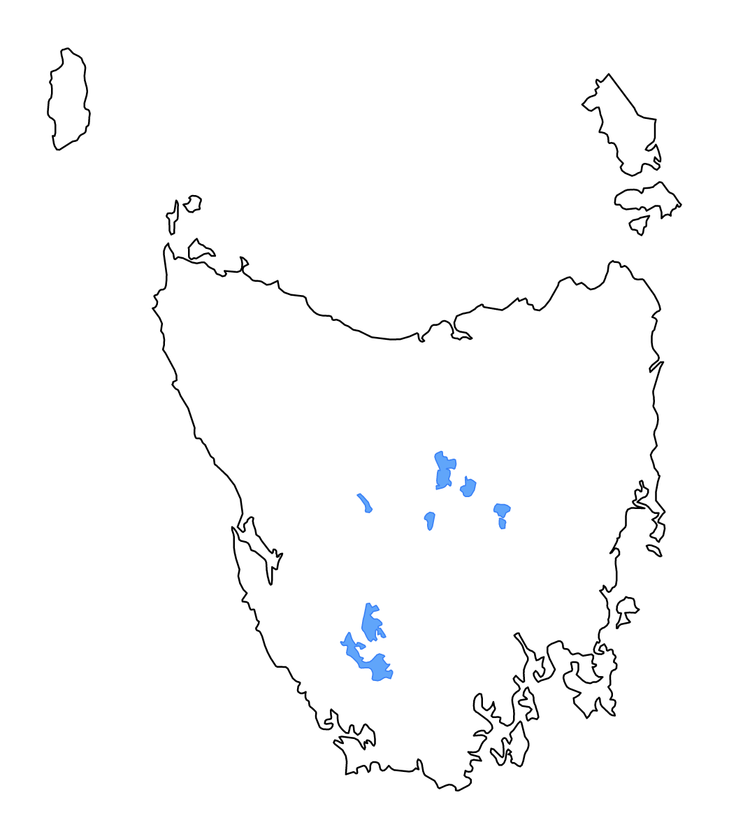 Mapa de contorno de Tasmania, Australia con lagos y ríos.