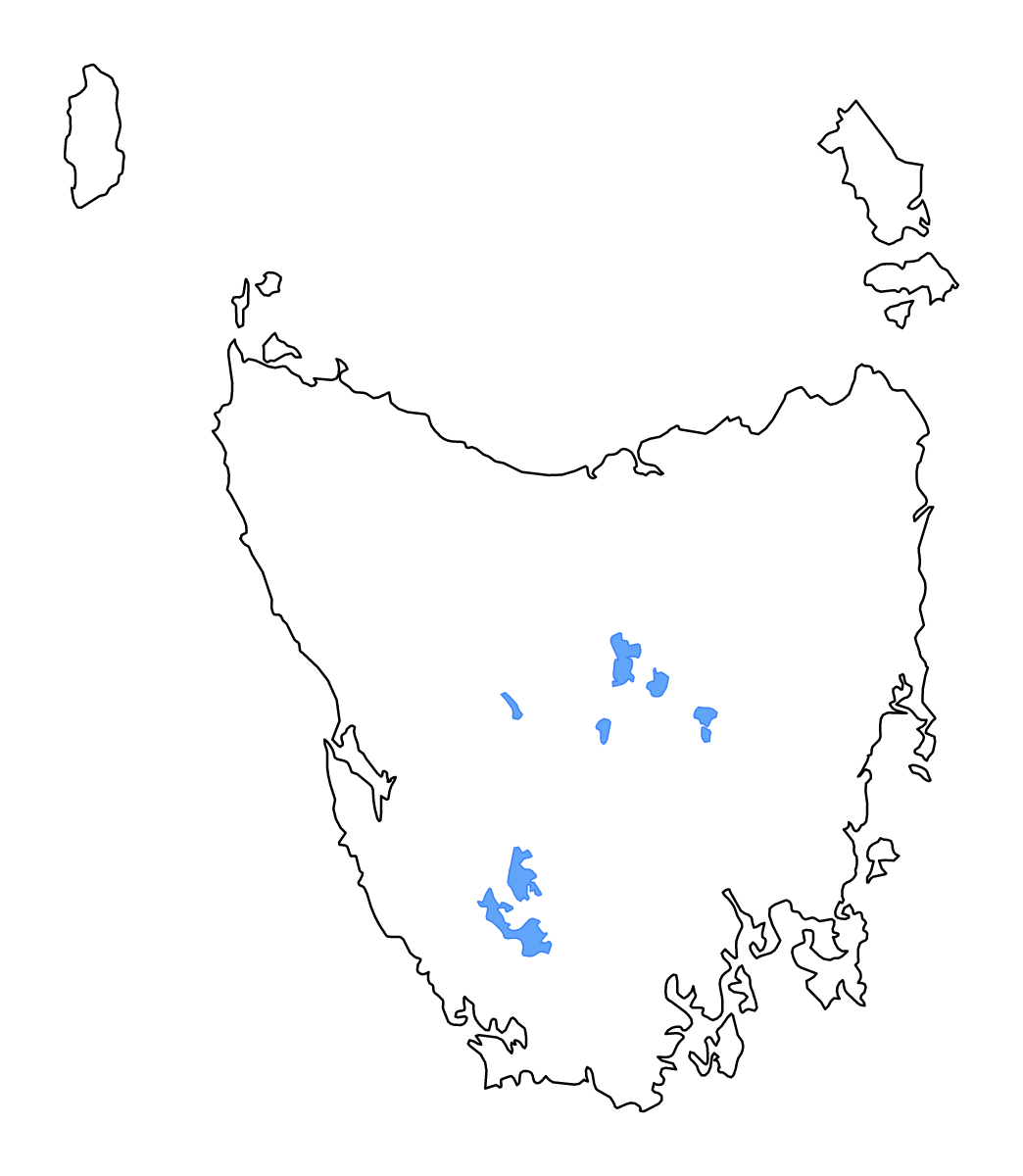 Mapa de contorno de Tasmania, Australia con lagos y ríos.