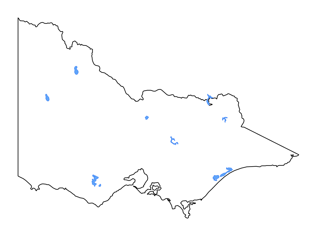 Mapa de contorno de Victoria, Australia con lagos y ríos.