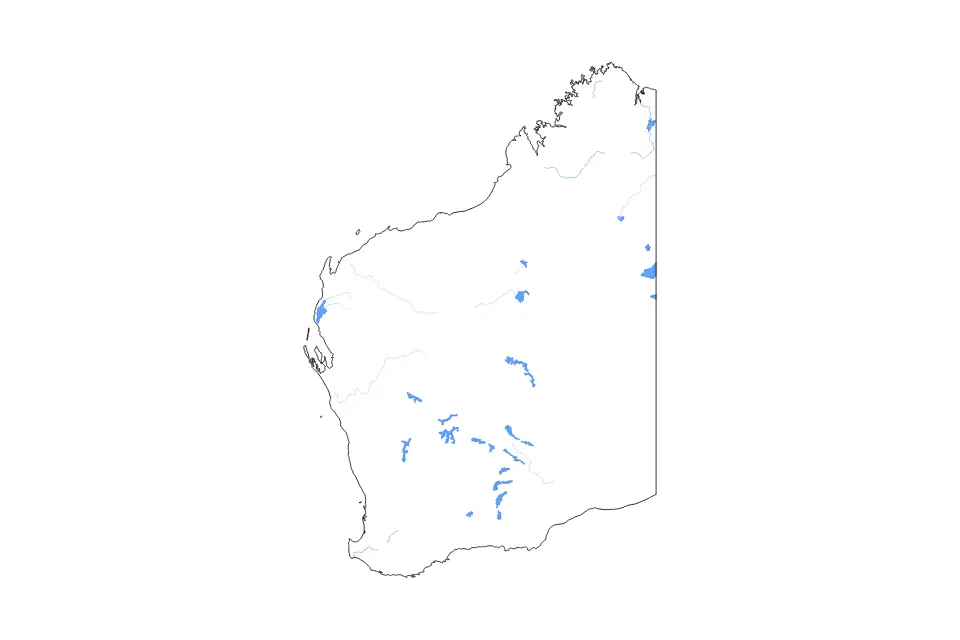 Outline map of Western Australia, Australia with subdivision borders and major lakes and rivers.