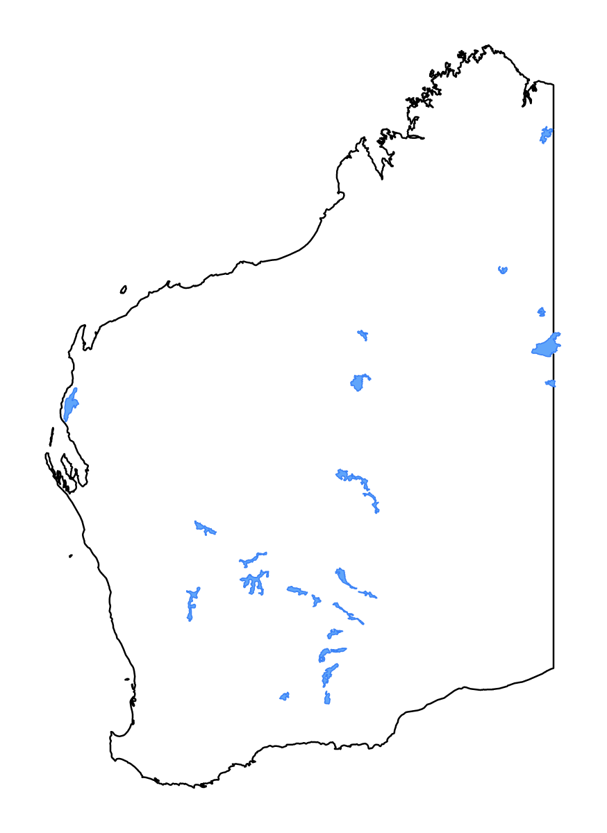 Mapa de contorno de Western Australia, Australia con lagos y ríos.
