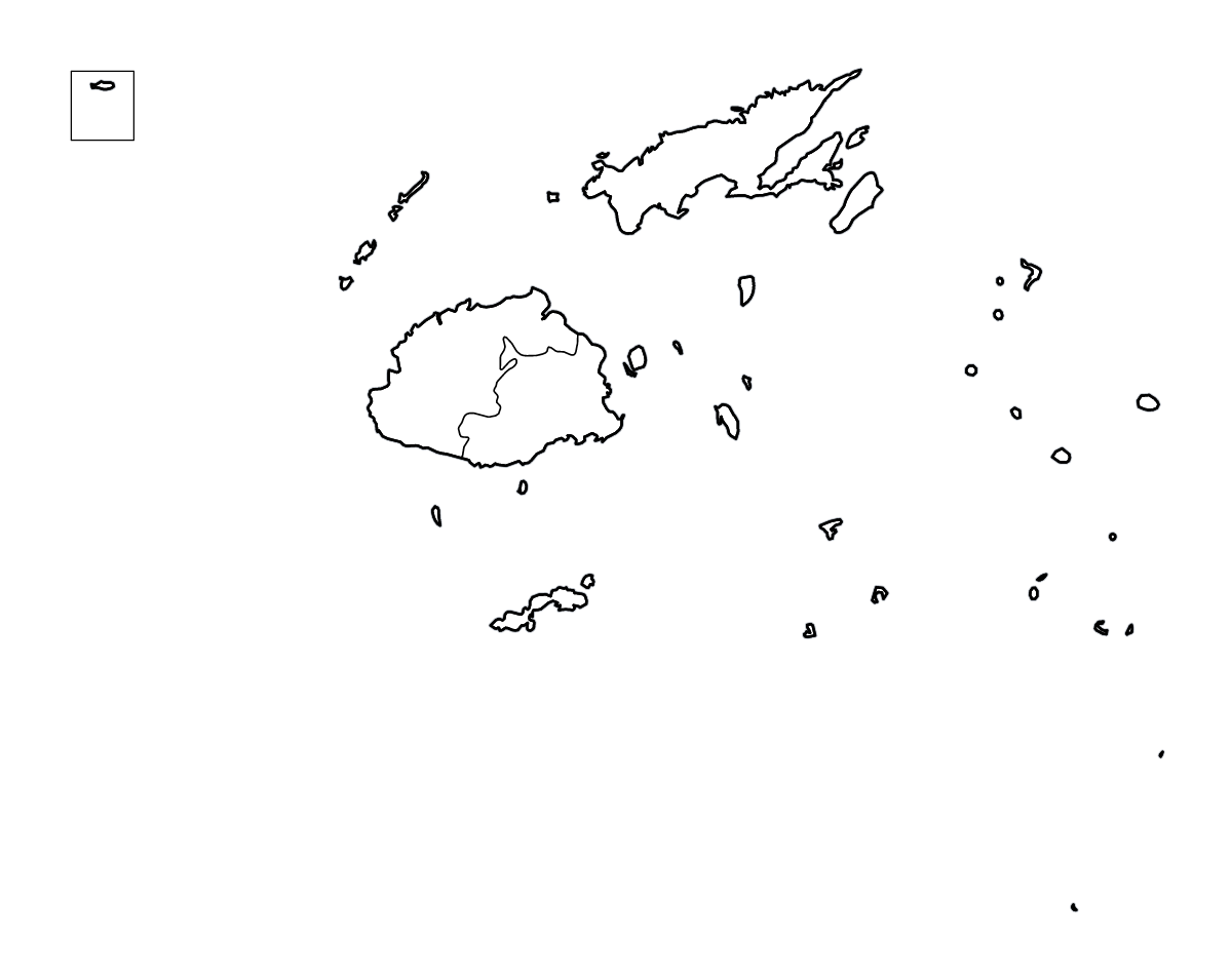 Carte de contour de Fiji avec limites administratives internes et rivières.