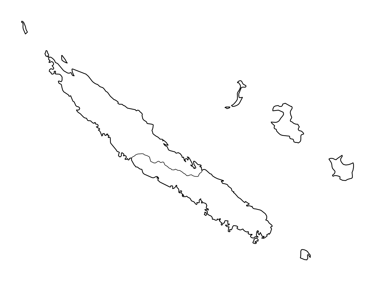 Mapa de contorno de New Caledonia con límites administrativos internos.