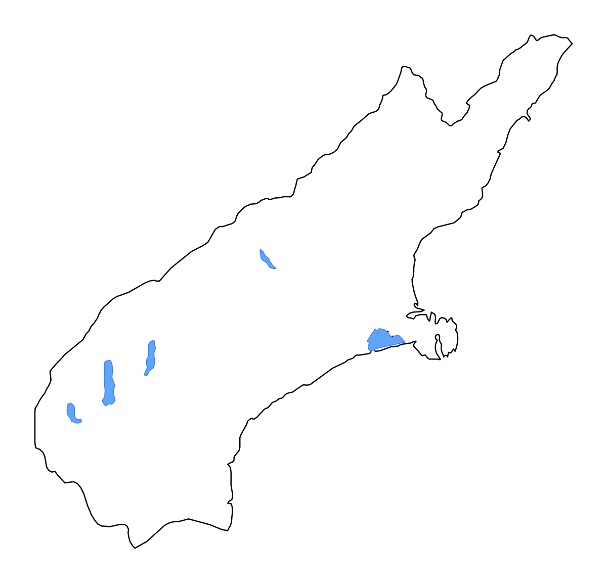 Mapa de contorno de Canterbury, New Zealand con lagos y ríos.