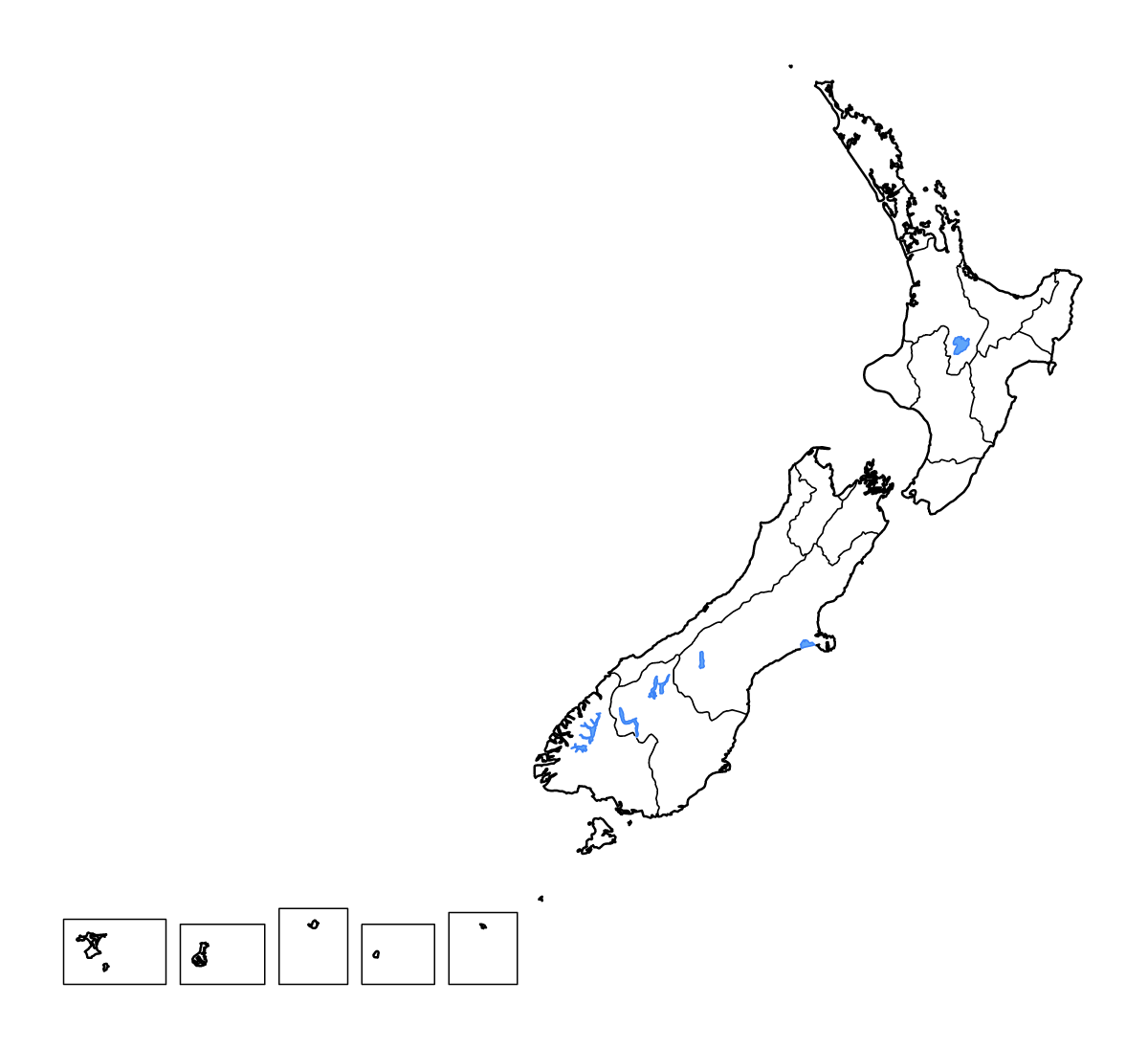 Carte de contour de New Zealand avec limites administratives internes, lacs et rivières.