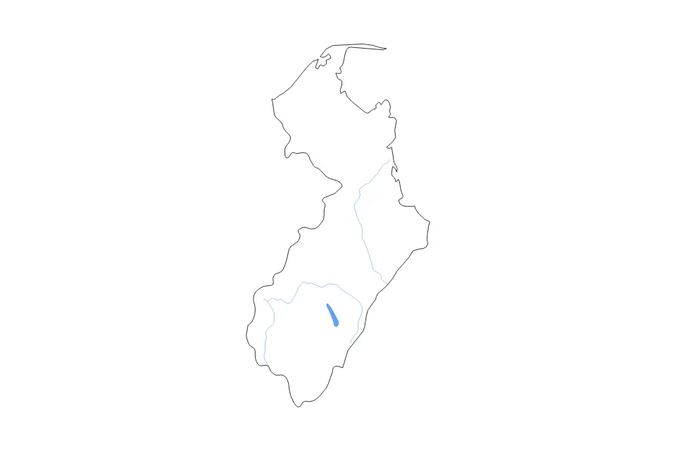 Outline map of Tasman Unitary Authority, New Zealand with subdivision borders and major lakes and rivers.