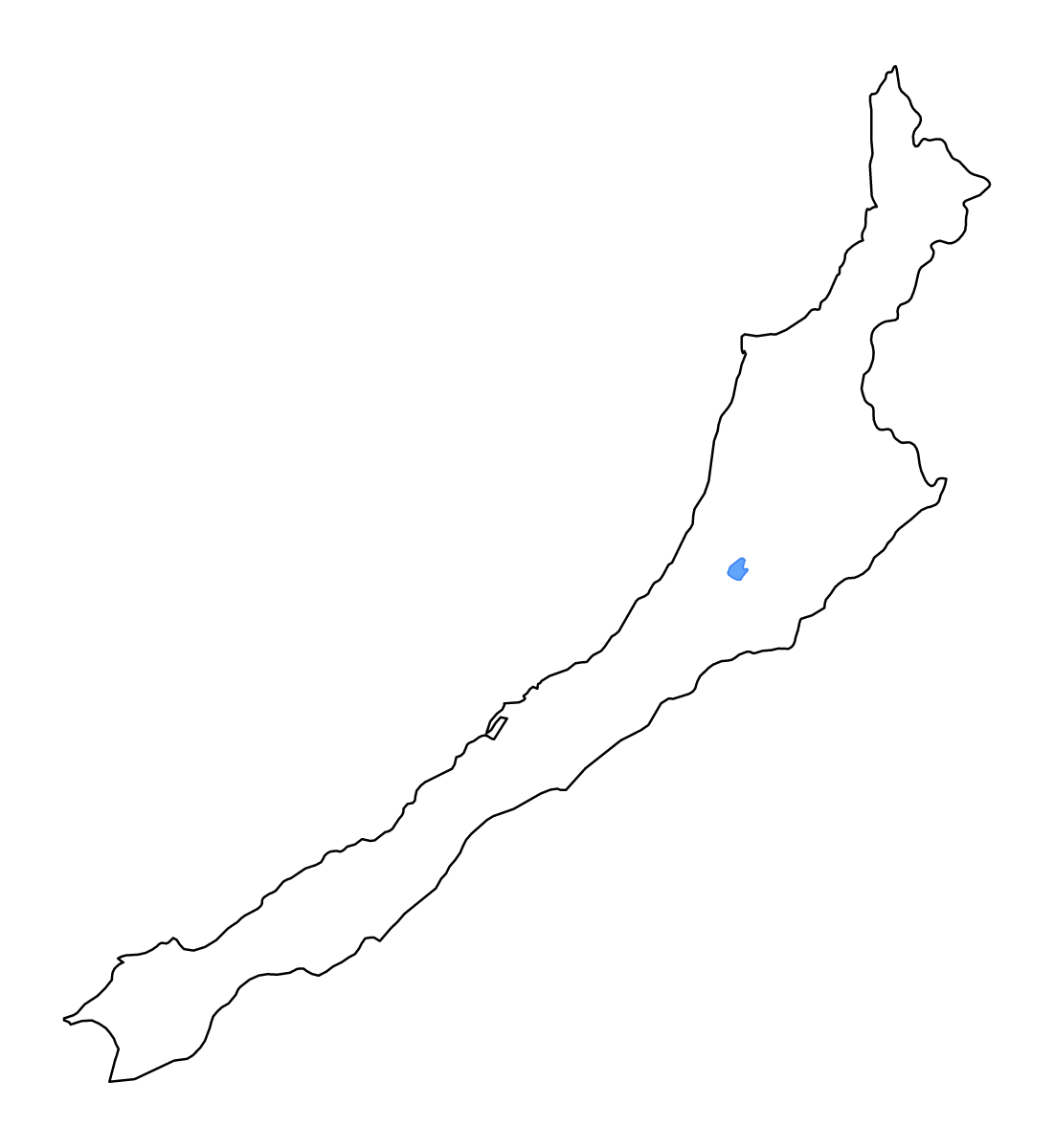 Mapa de contorno de West Coast, New Zealand con lagos y ríos.