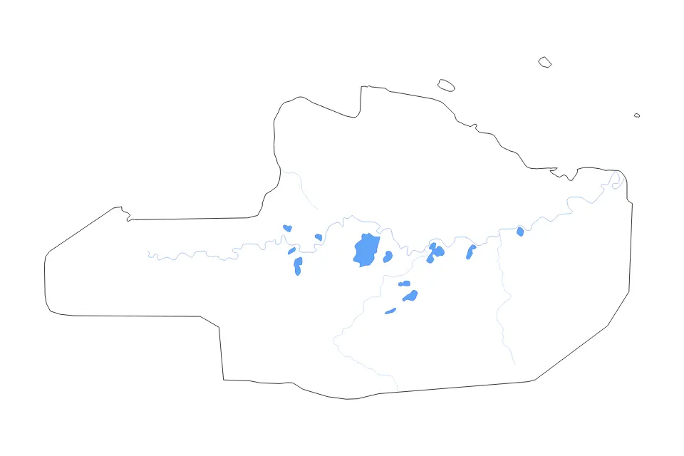 Outline map of East Sepik, Papua New Guinea with subdivision borders and major lakes and rivers.