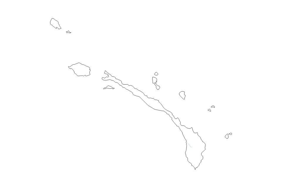 Outline map of New Ireland, Papua New Guinea with subdivision borders and rivers.