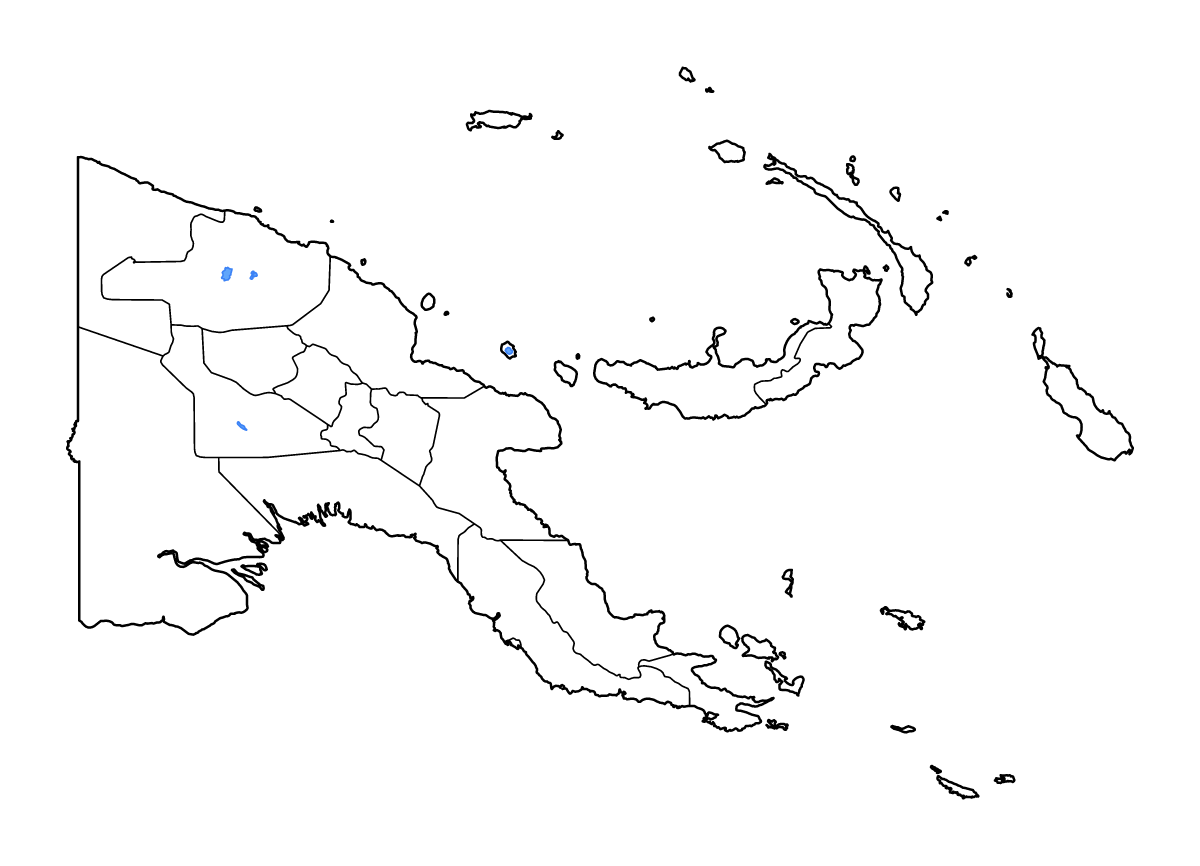 Mapa de contorno de Papua New Guinea con límites administrativos internos, lagos y ríos.