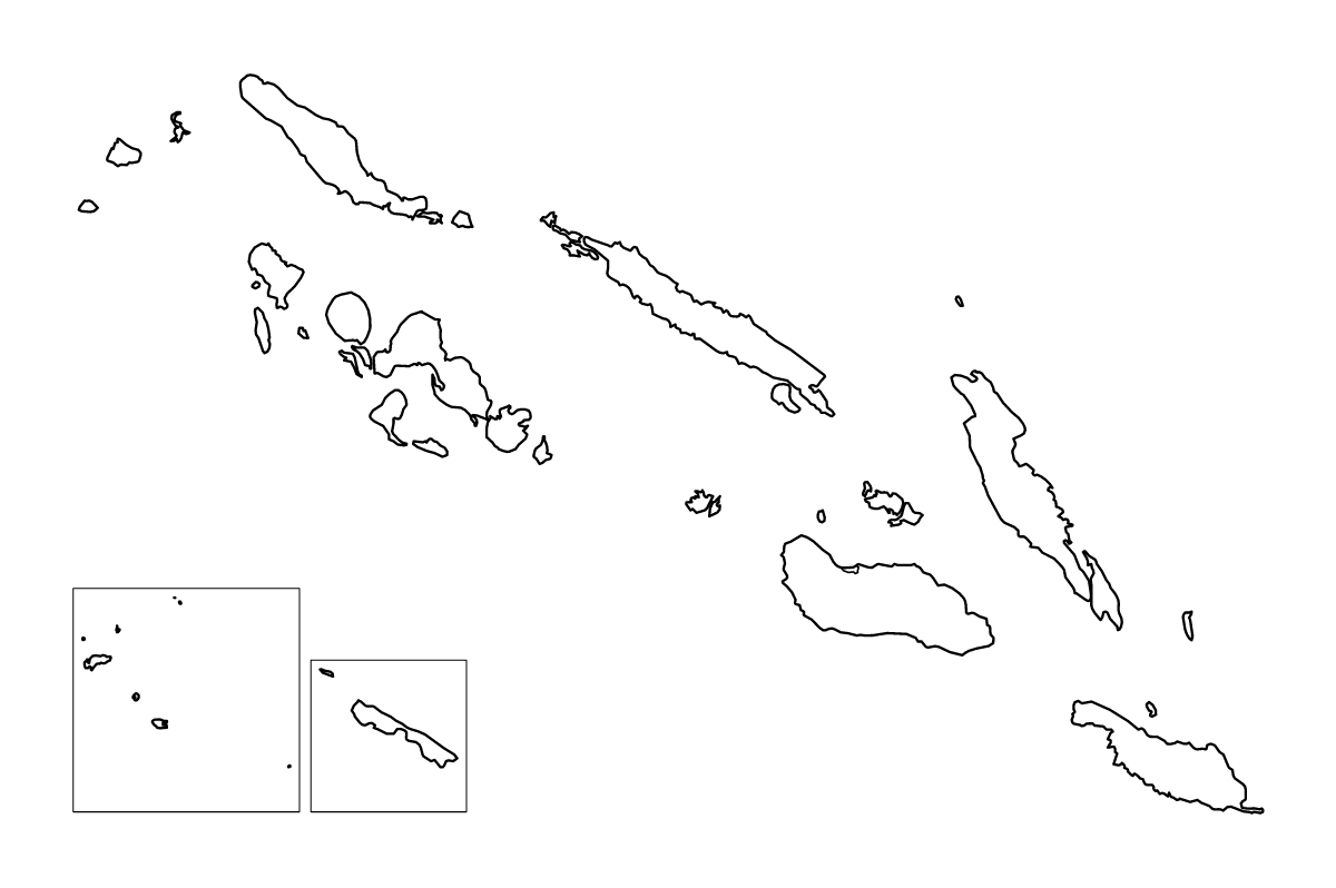 Mapa de contorno de Solomon Islands con límites administrativos internos.