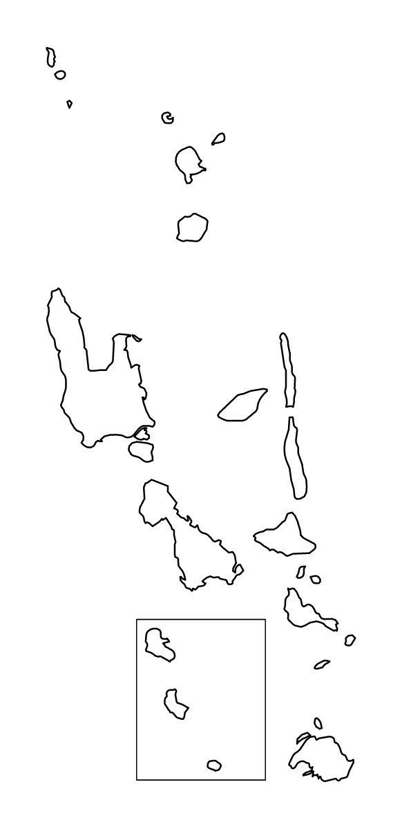 Outline map of Vanuatu with internal administrative boundaries.
