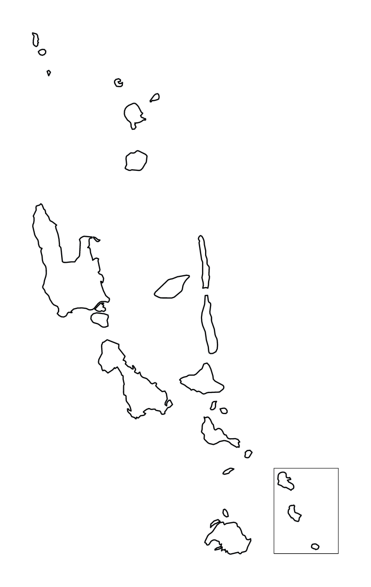 Mapa de contorno de Vanuatu con límites administrativos internos.