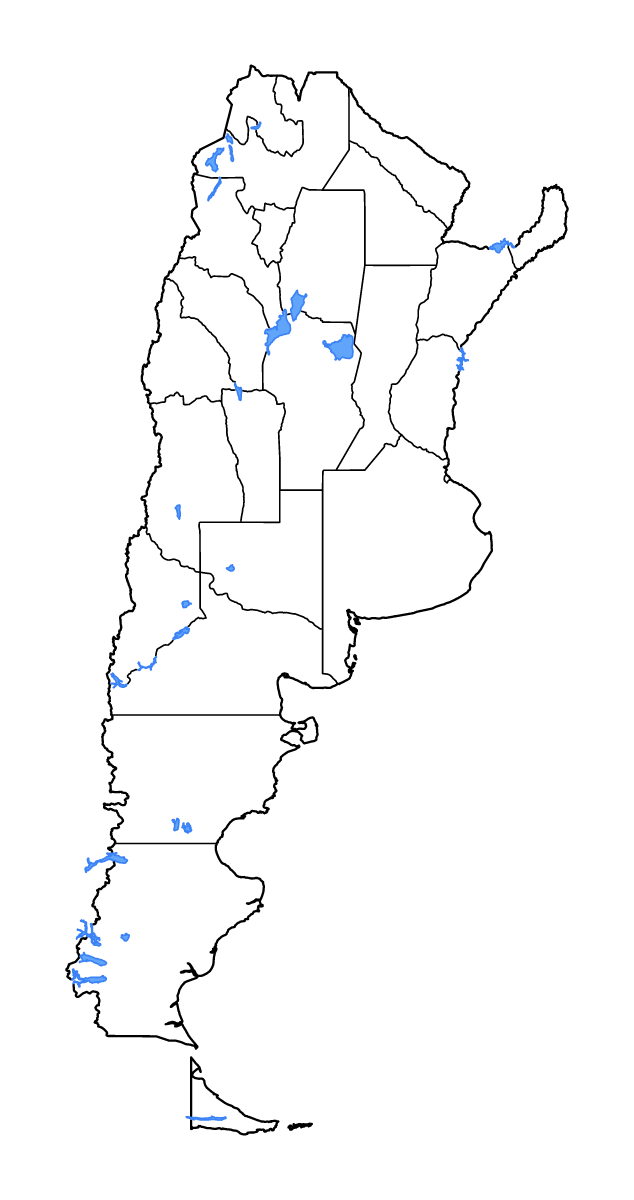 Mapa de contorno de Argentina con límites administrativos internos, lagos y ríos.