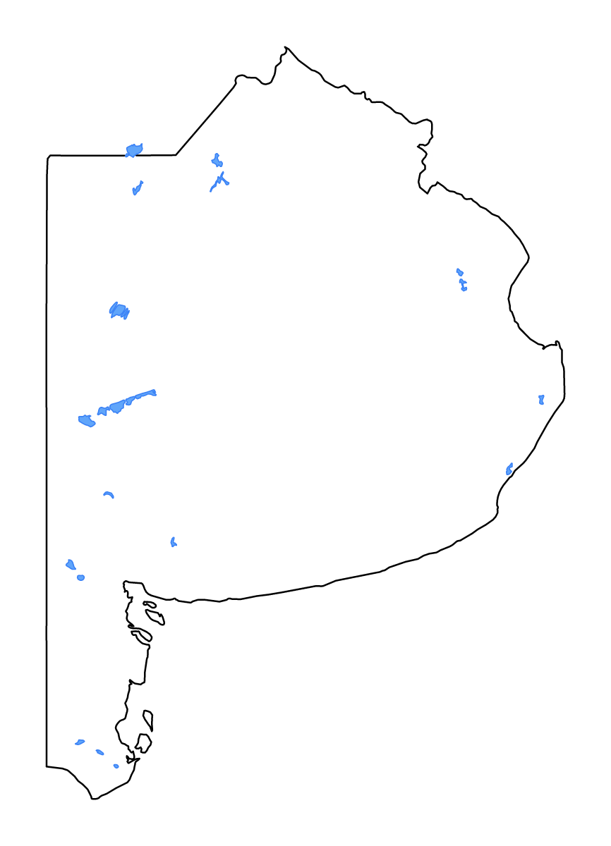 Mapa de contorno de Buenos Aires (1295), Argentina con lagos y ríos.