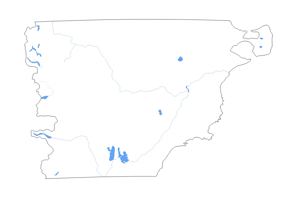 Outline map of Chubut, Argentina with subdivision borders and major lakes and rivers.