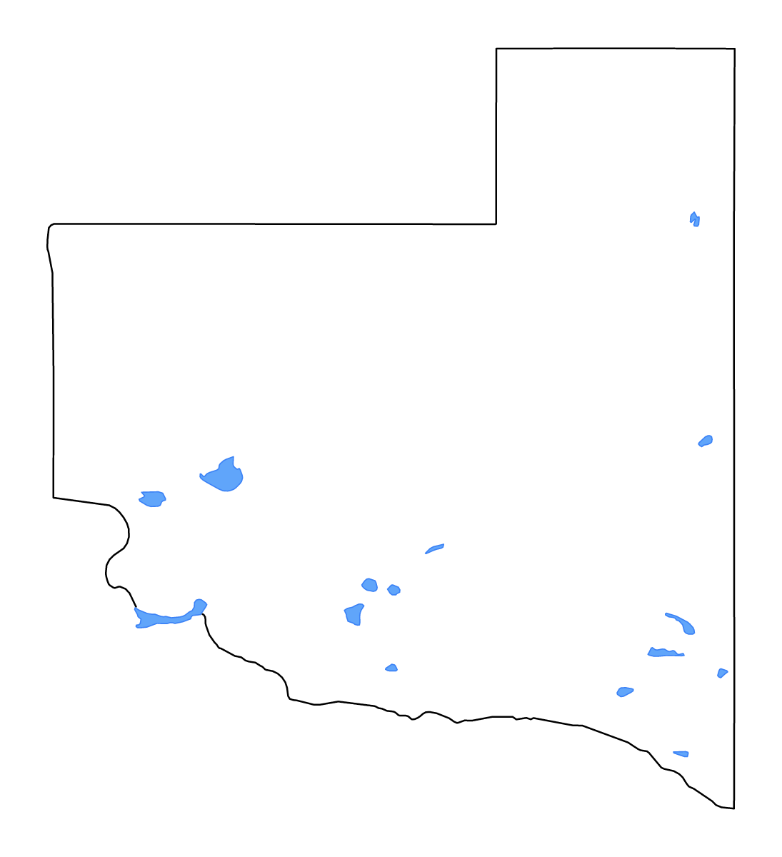 Mapa de contorno de La Pampa, Argentina con lagos y ríos.
