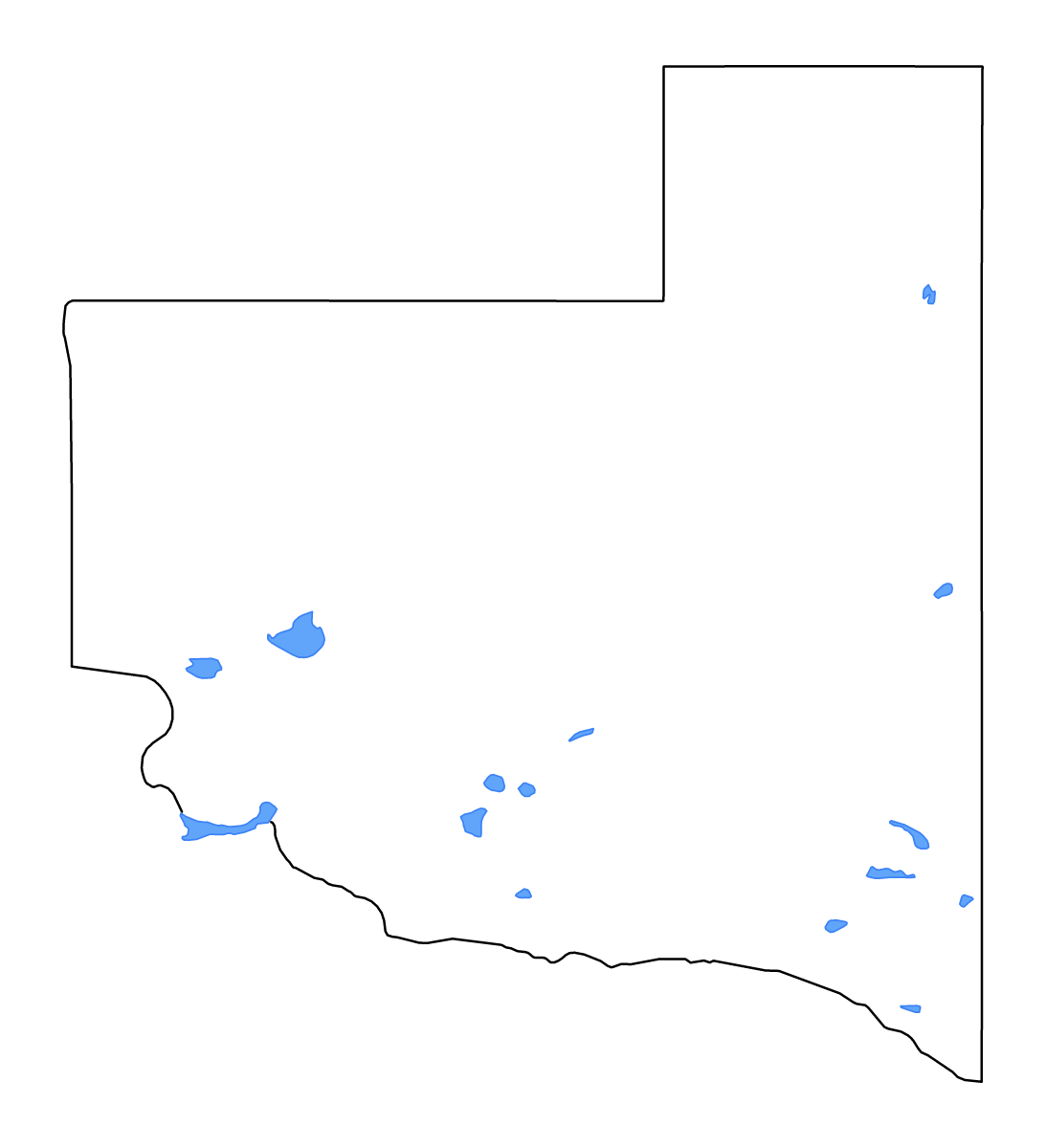 Mapa de contorno de La Pampa, Argentina con lagos y ríos.
