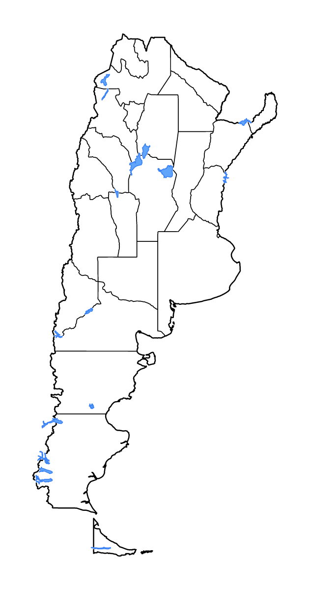 Mapa de contorno de Argentina con límites administrativos internos, lagos y ríos.