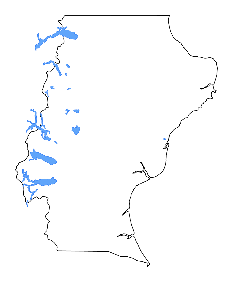 Mapa de contorno de Santa Cruz, Argentina con lagos y ríos.