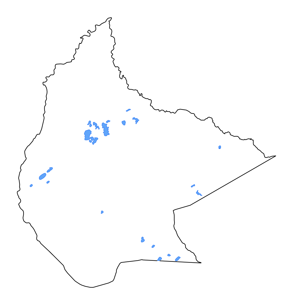 Mapa de contorno de Beni, Bolivia con lagos y ríos.