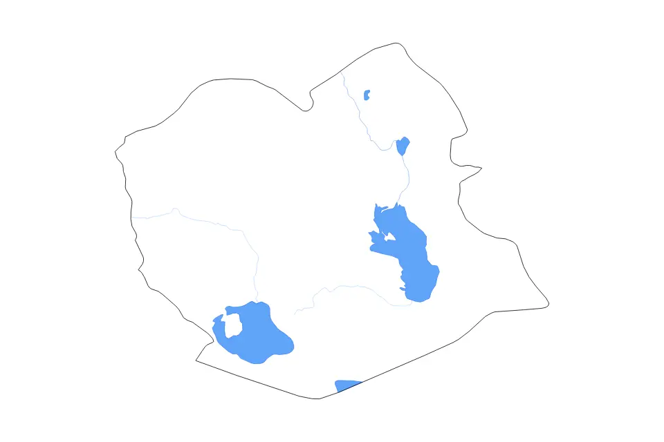 Outline map of Oruro Department, Bolivia with subdivision borders and major lakes and rivers.