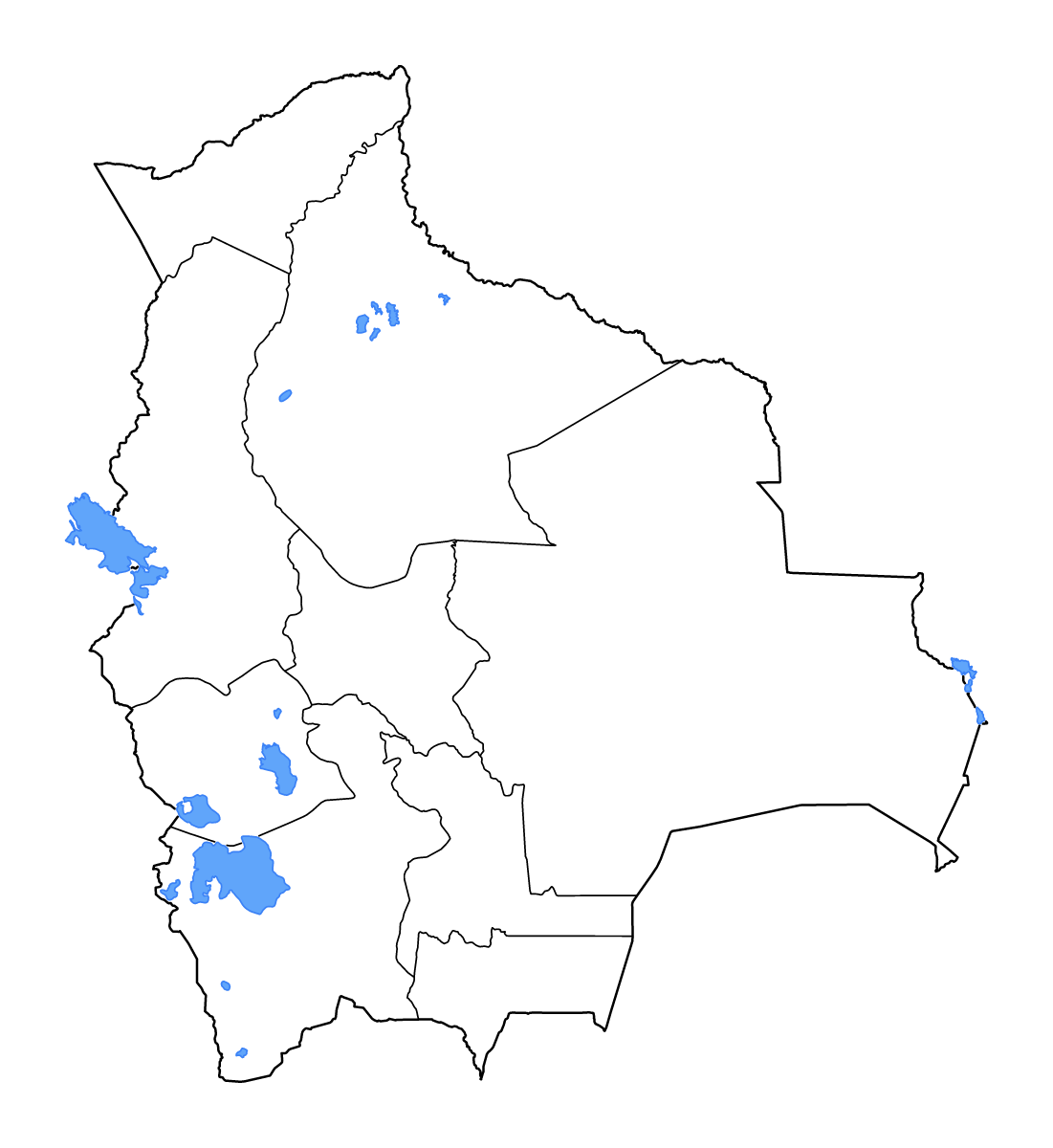 Mapa de contorno de Bolivia con límites administrativos internos, lagos y ríos.