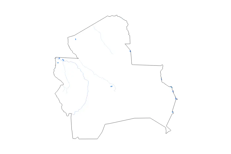 Outline map of Santa Cruz Department, Bolivia with subdivision borders and major lakes and rivers.