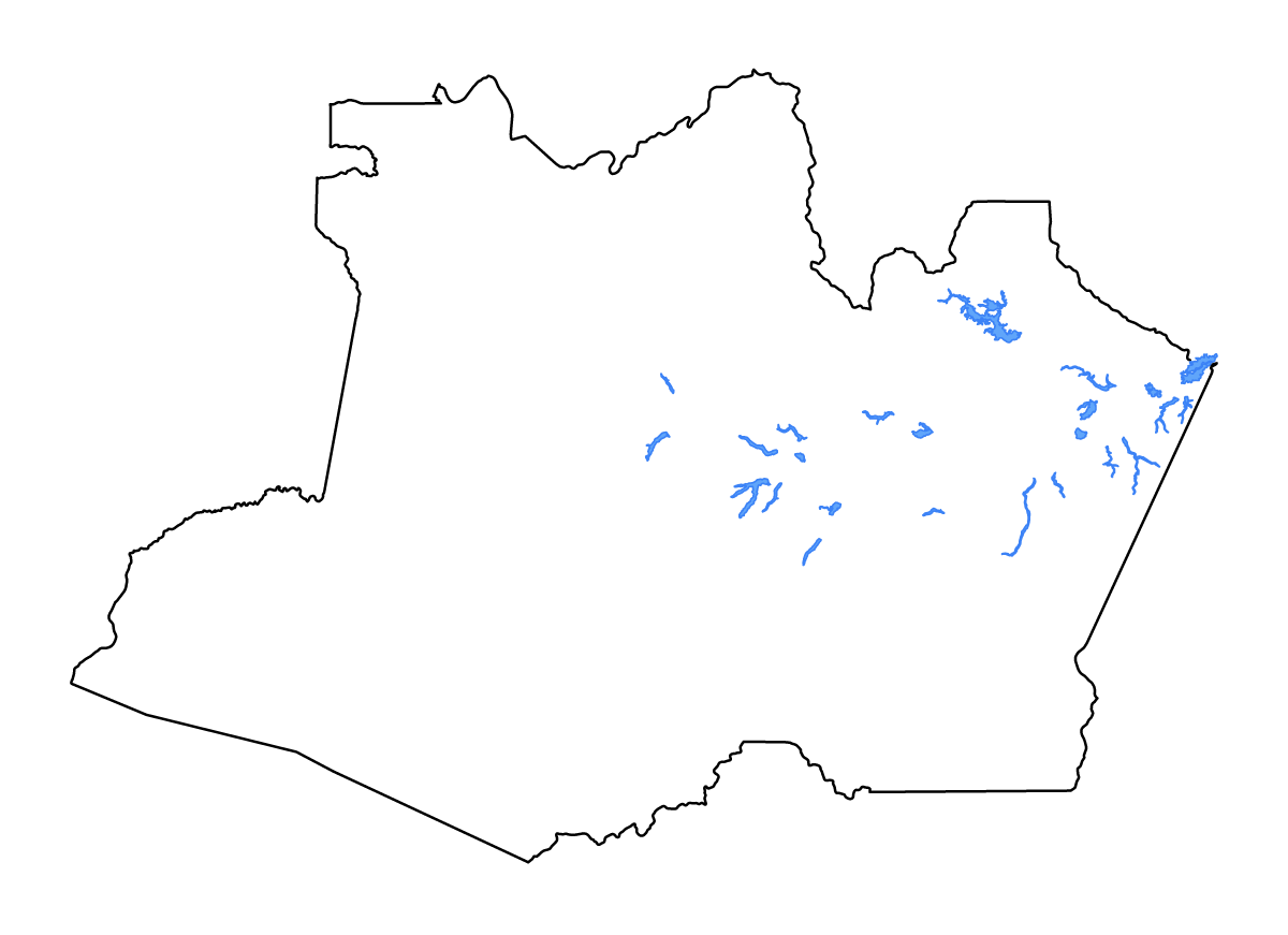 Mapa de contorno de Amazonas, Brazil con lagos y ríos.