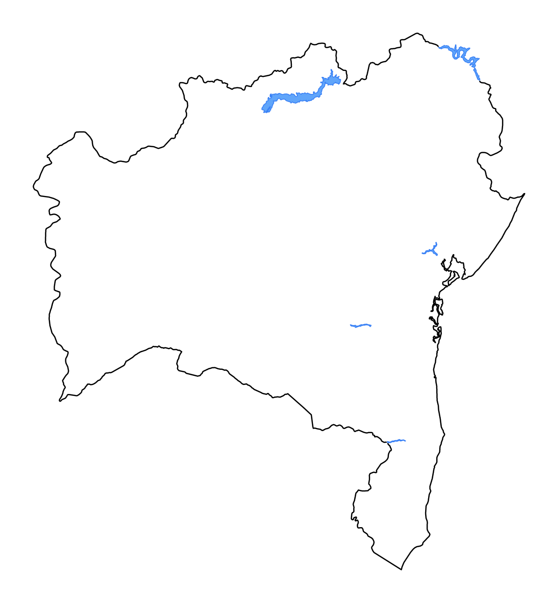 Mapa de contorno de Bahia, Brazil con lagos y ríos.