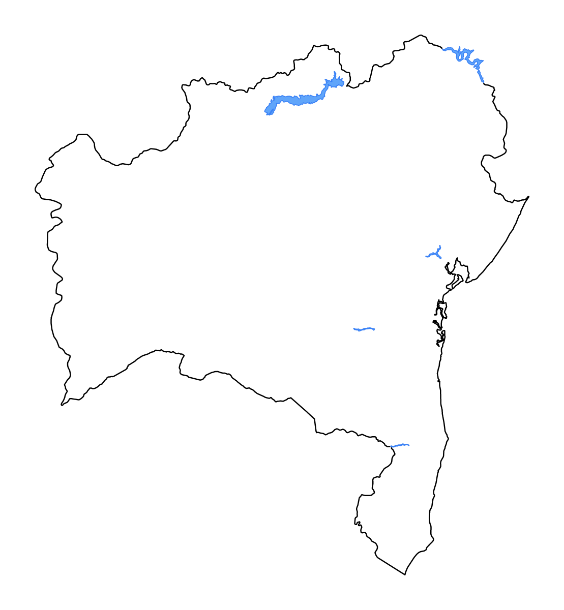 Mapa de contorno de Bahia, Brazil con lagos y ríos.