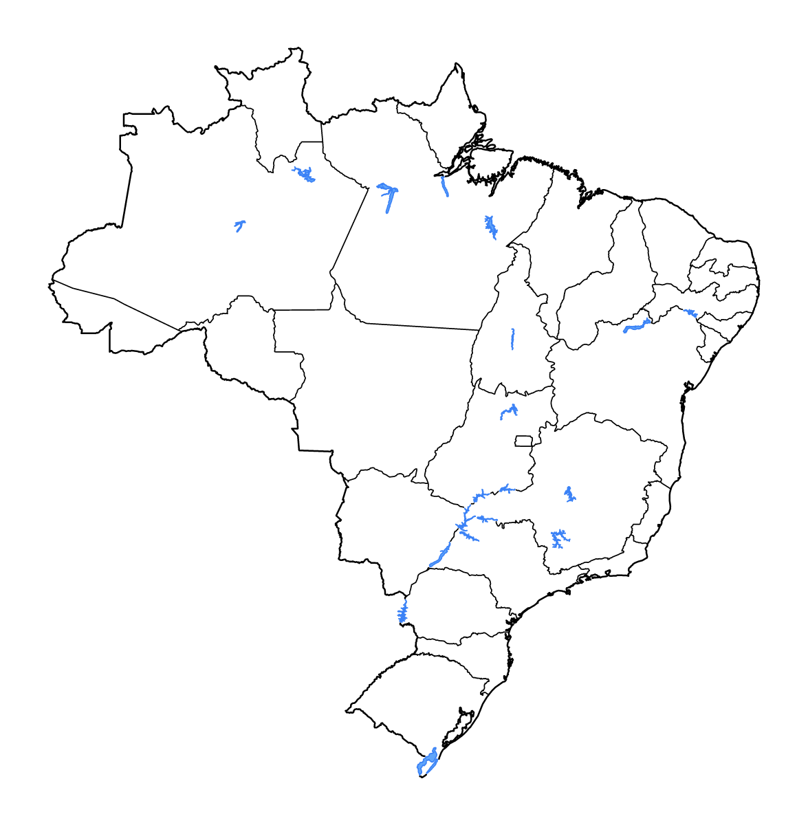 Outline map of Brazil with internal administrative boundaries, lakes, and rivers.