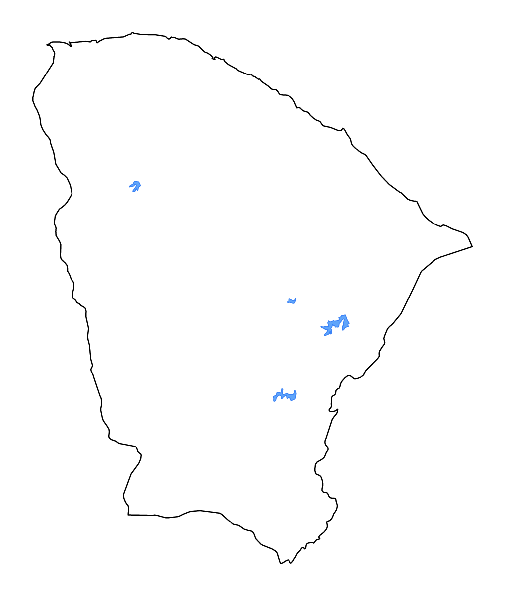 Mapa de contorno de Ceará, Brazil con lagos y ríos.