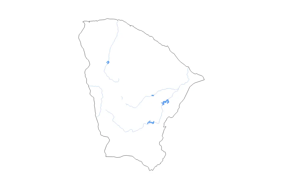 Outline map of Ceará, Brazil with subdivision borders and major lakes and rivers.