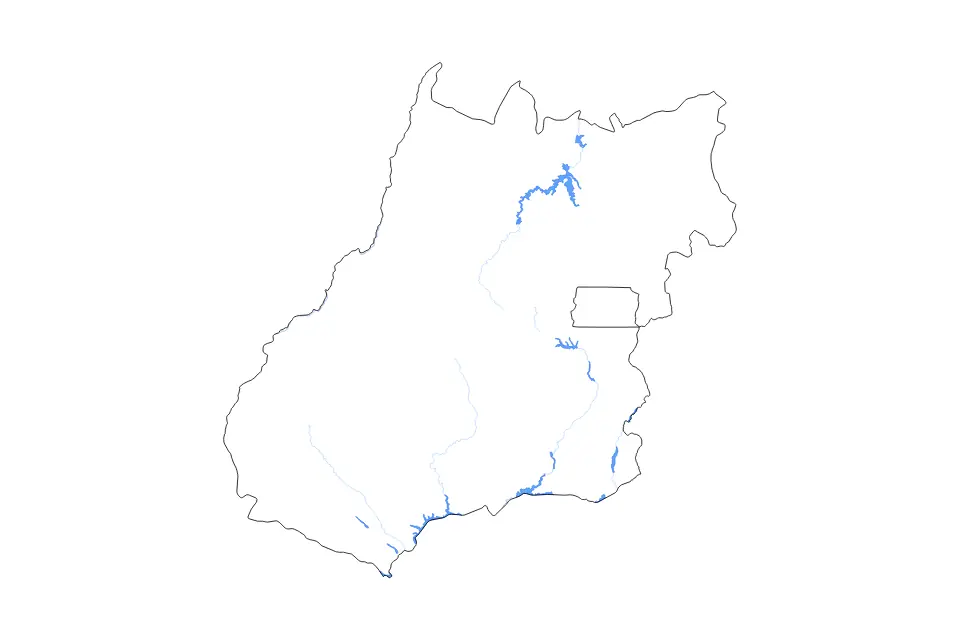 Outline map of Goiás, Brazil with subdivision borders and major lakes and rivers.