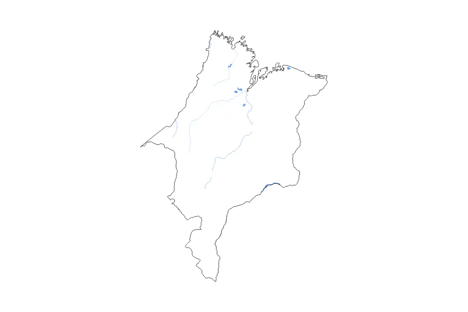 Outline map of Maranhão, Brazil with subdivision borders and major lakes and rivers.