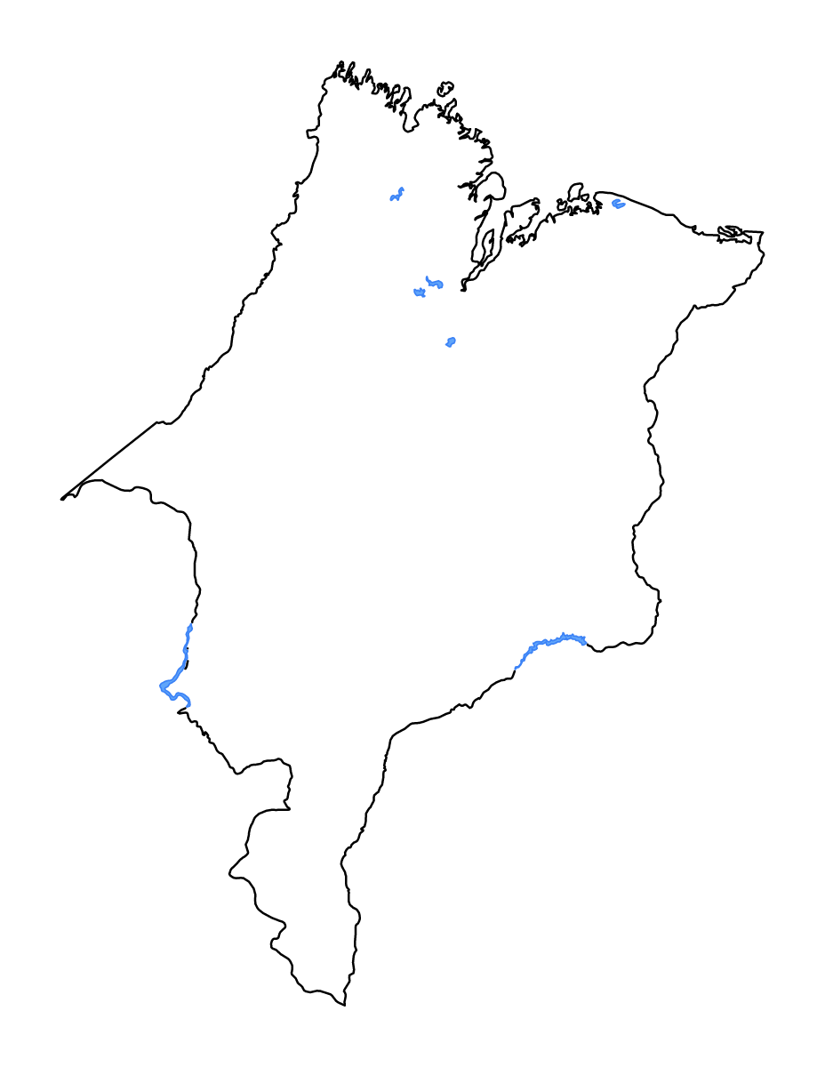 Mapa de contorno de Maranhão, Brazil con lagos y ríos.