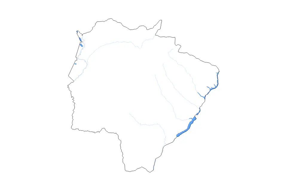 Mapa de Mato Grosso do Sul, Brazil de tipo contorno, lagos y ríos para América del Sur, con contorno, lagos y ríos con elementos de agua como Represa de Ilha Solteira, Represa Porto Primavera y Represa de Jupiá.