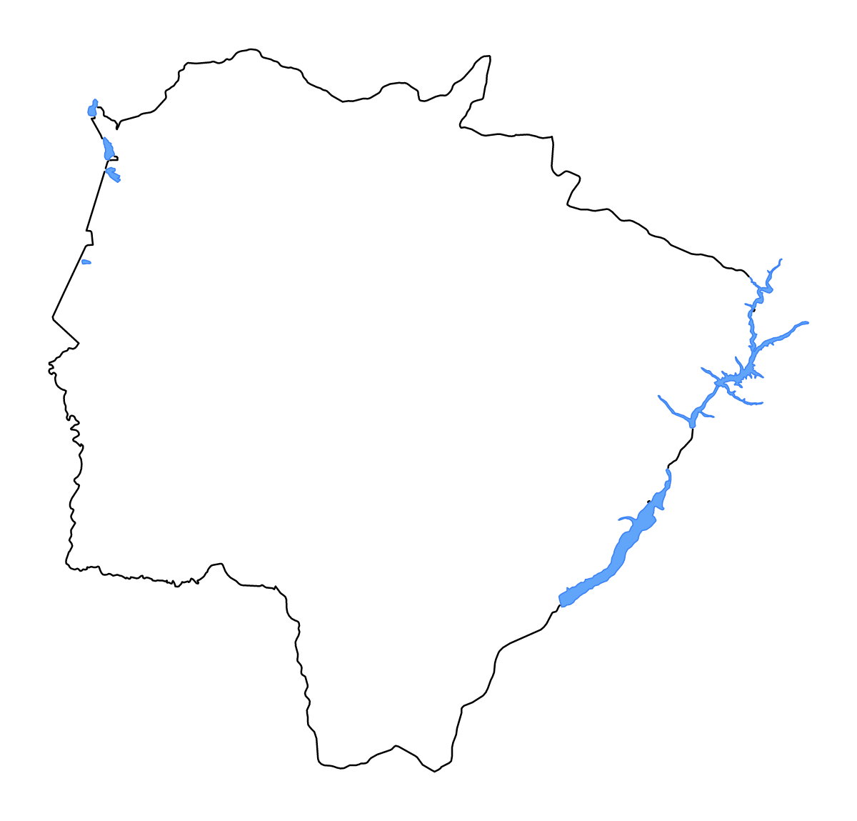 Mapa de contorno de Mato Grosso do Sul, Brazil con lagos y ríos.