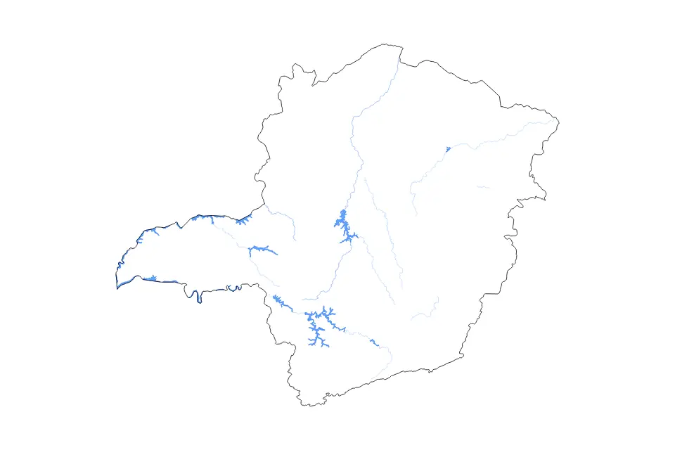 Outline map of Minas Gerais, Brazil with subdivision borders and major lakes and rivers.