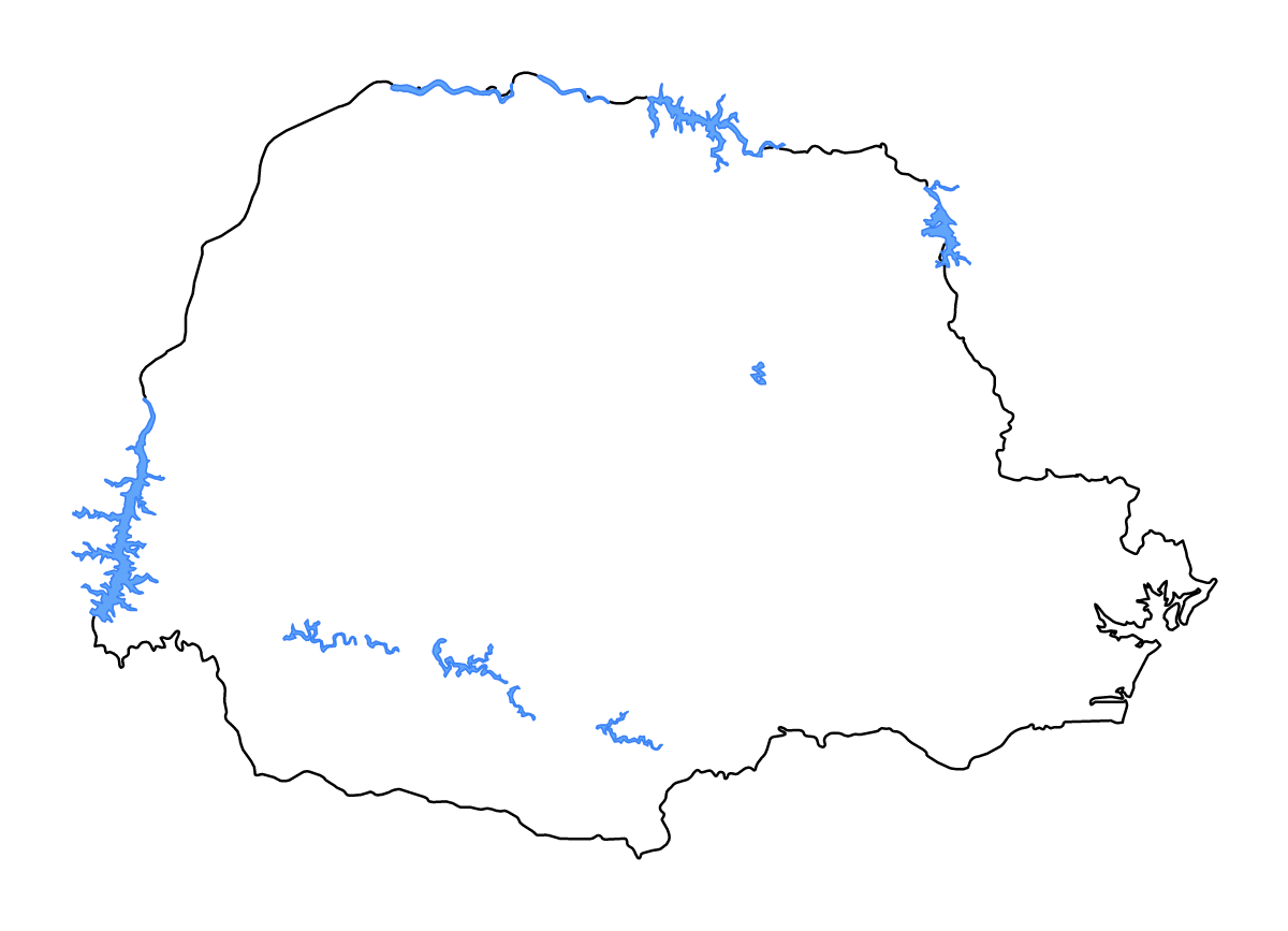 Mapa de contorno de Paraná, Brazil con lagos y ríos.