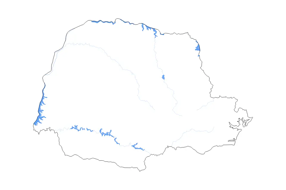 Outline map of Paraná, Brazil with subdivision borders and major lakes and rivers.