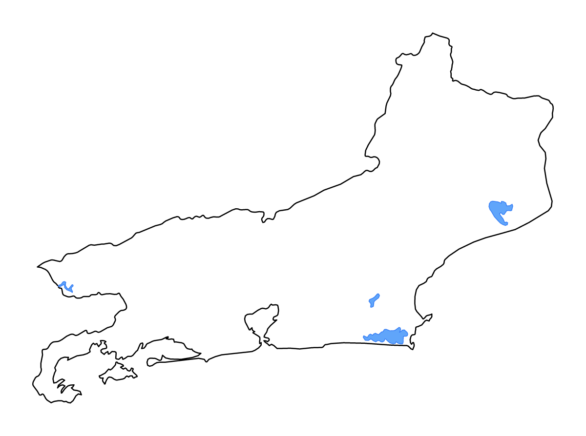 Mapa de contorno de Rio de Janeiro, Brazil con lagos y ríos.
